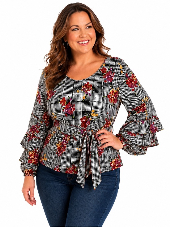 Haute Project Tops - Plus-Size Black Floral Tie-Front Blouse with Ruffled Sleeves